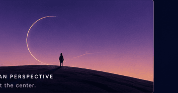 A lone figure beneath a large crescent at dusk