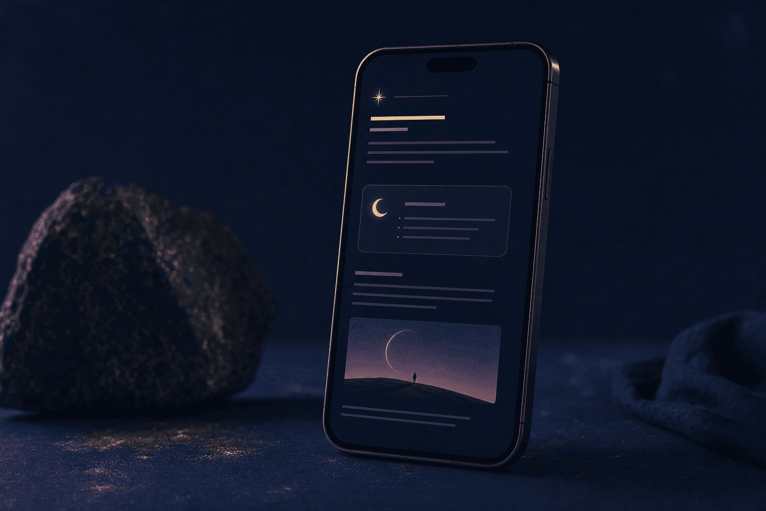 Aster daily reading shown on a phone beside a quiet night landscape